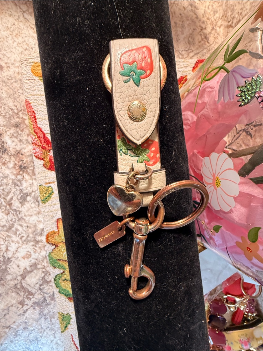 Coach Cream Leather Strawberry Keychain with Gold Hardware